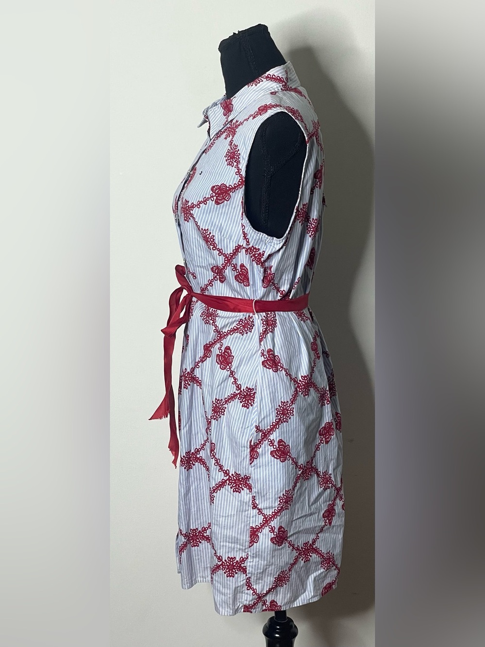 Tommy Hilfiger Blue White Pinstripe Red Embroidered Sleeveless Shirt Dress Sz 10 - Picture 6 of 11